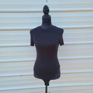Marci Women's Bodysuit Sz S Black Stretch Ribbed Short Sleeve Sleeve Rayon Snap
